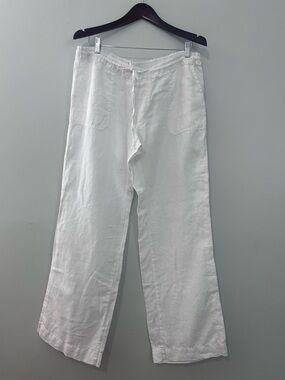 Allen Allen Linen White  drawstring Wide Leg Pant L